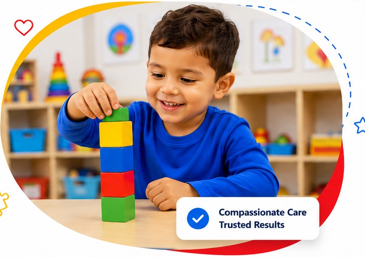 Young child stacking colorful blocks in a child-friendly learning environment